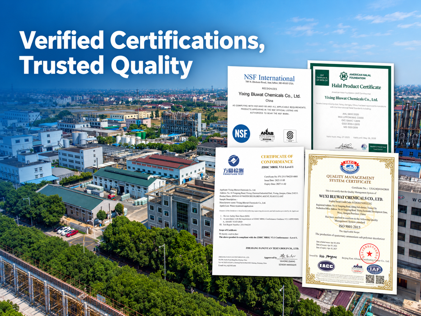 บล็อกบริษัทล่าสุดเกี่ยวกับ Bluwat Chemicals Strengthens Buyer Confidence with Verifiable NSF, Halal, ZDHC and ISO Credentials