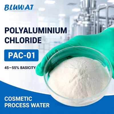 ซื้อ PAC-01 โพลีอะลูมิเนียมคลอไรด์สีขาวชนิดผง ความเป็นด่าง 45-55% ในถุง 25 กก. สำหรับบำบัดน้ำเครื่องสำอาง การผลิตออนไลน์